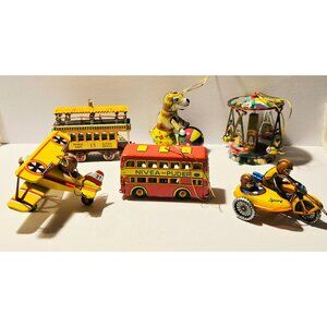 German Colorful vintage Tin Toy Ornaments with moving parts  Set of 6, Lot 3